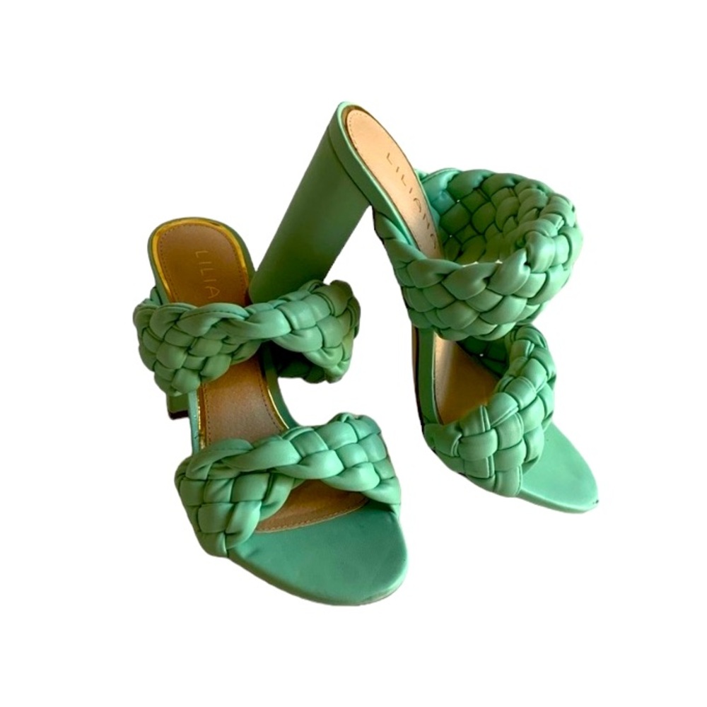 Liliana Twisted Mint sandals with braided straps, GUC, thick‎ 4.5” heel, size 10